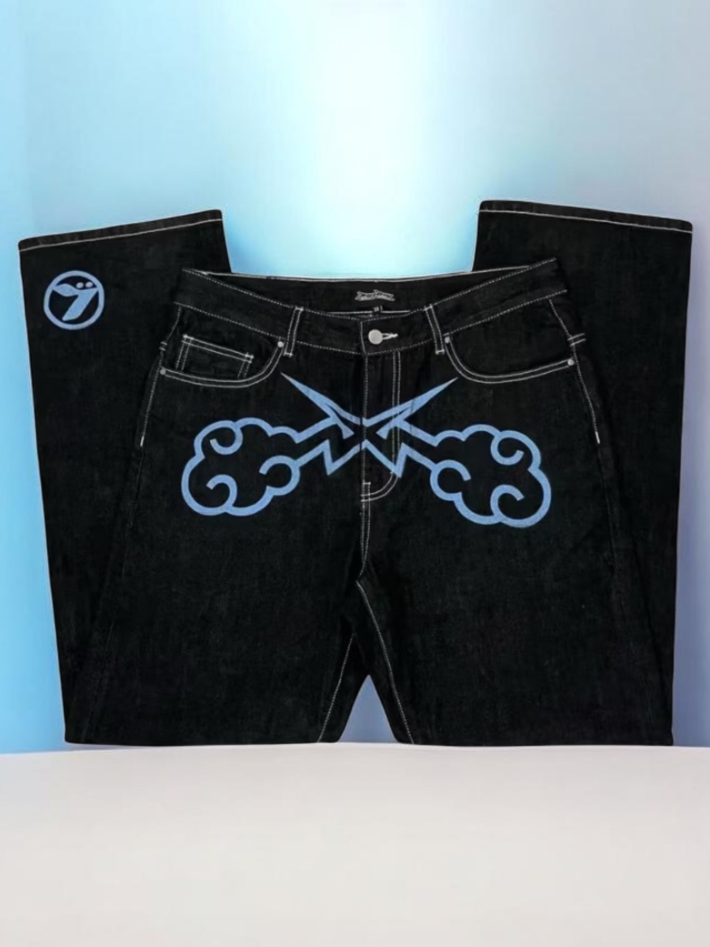 Robins Men's Black Jeans with Blue Graphic Detail Size 36